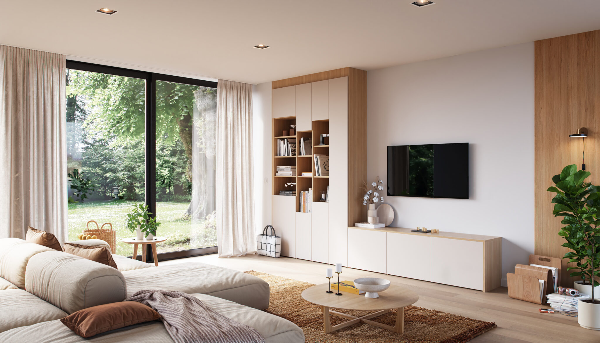 Salon moderne avec canapé beige, table basse en bois clair, étagères blanches et grandes baies vitrées donnant sur un jardin verdoyant.