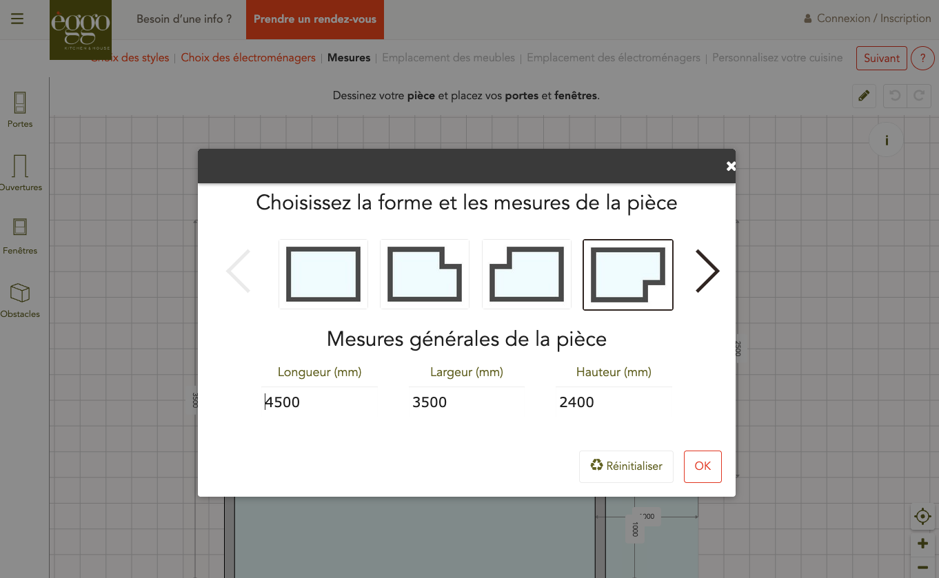 Fenêtre de sélection de la forme et des mesures d'une pièce avec options de forme et dimensions en millimètres pour longueur, largeur et hauteur.