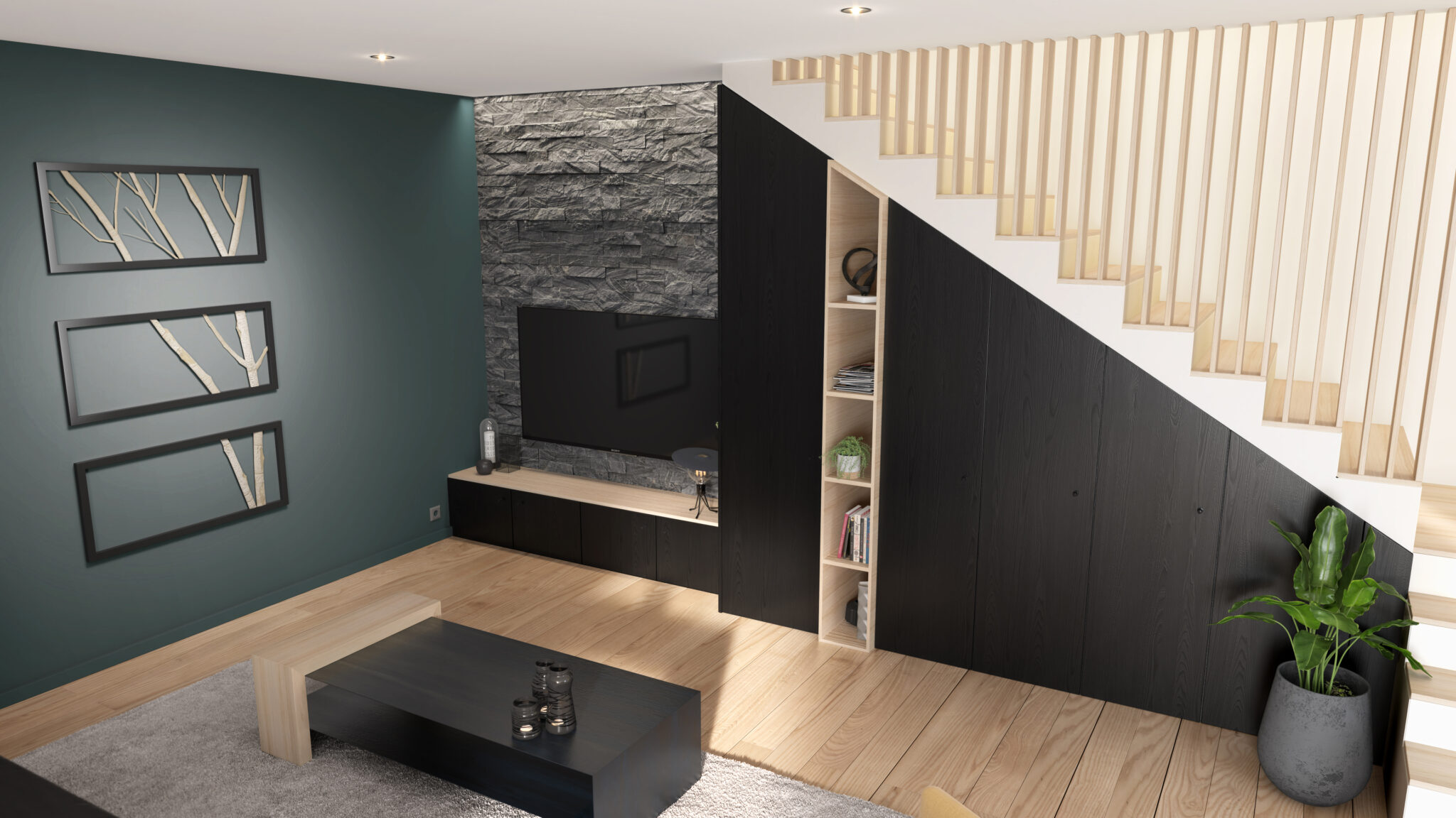 Mur vert canard avec cadres noirs, mur en pierre grise, meuble TV noir, étagères en bois clair, escalier moderne, plante verte en pot.