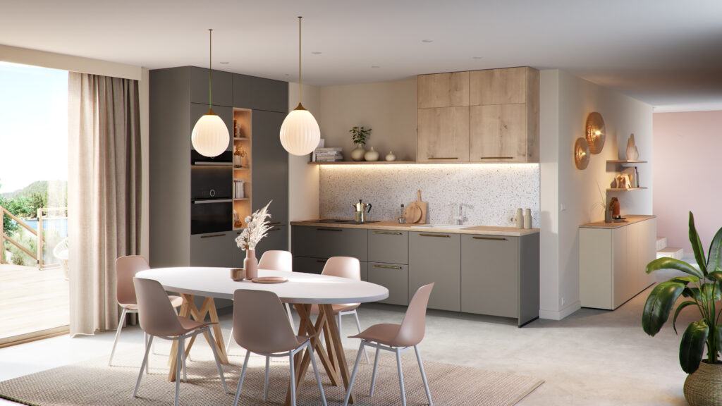 Cuisine moderne avec table blanche et chaises roses, luminaires suspendus, meubles gris, et plan de travail en bois clair.