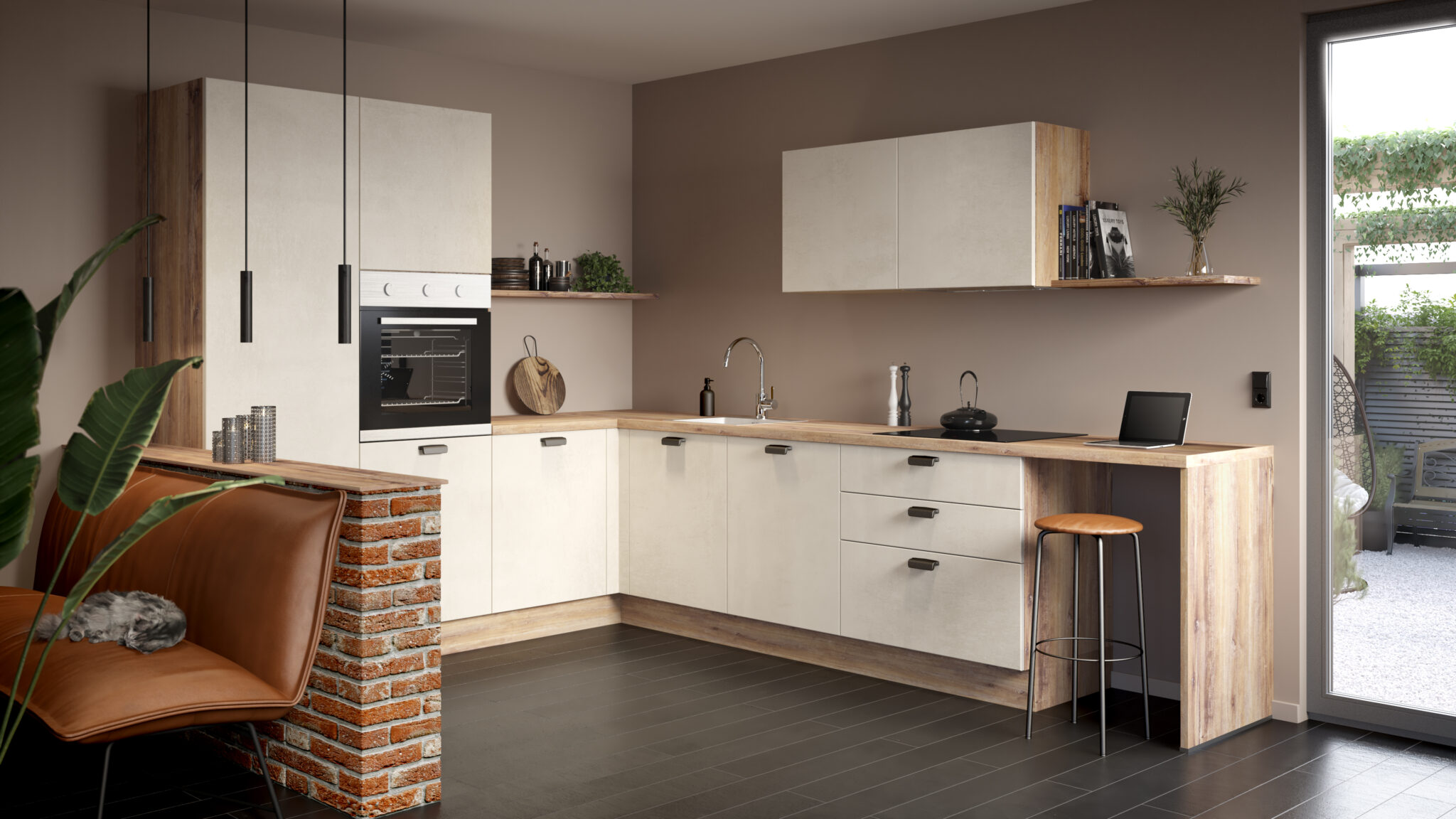 Cuisine moderne avec des placards blancs et un plan de travail en bois clair, équipée d'un four encastré et d'un tabouret orange.